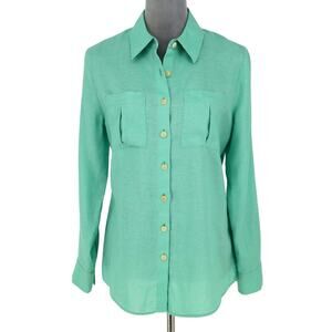 Investments Gold Label Top Womens 8 Green Linen Blouse Pleated Pockets Beach